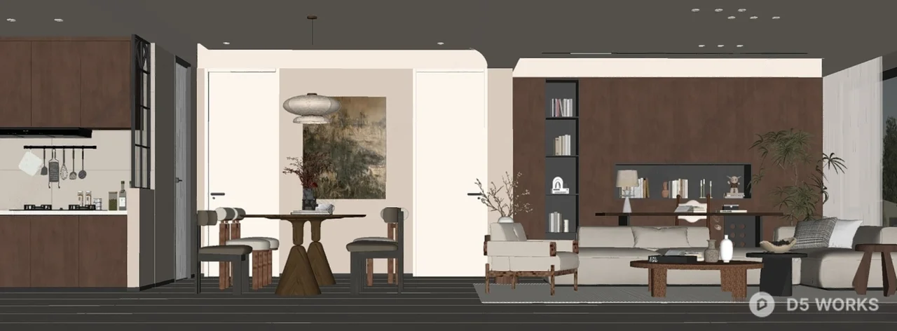 Modern Integrated Living Dining Space With Warm Wood Tone 3d model thumbnail 2