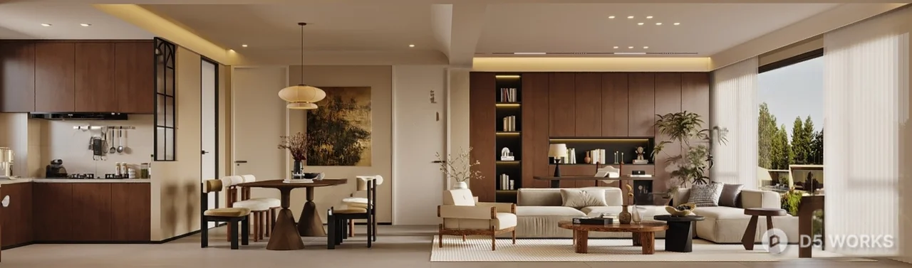 Modern Integrated Living Dining Space With Warm Wood Tone 3d model - Image 1