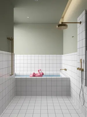 Minimalist Tiled Bathroom With Bathtub And Pink Float 3d model