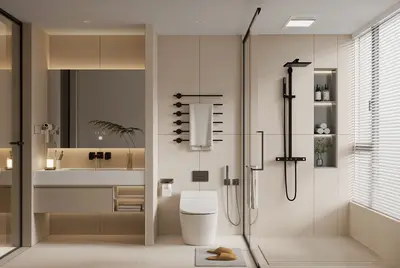 Minimalist Modern Bathroom With Integrated Vanity And Glass Shower 3d model