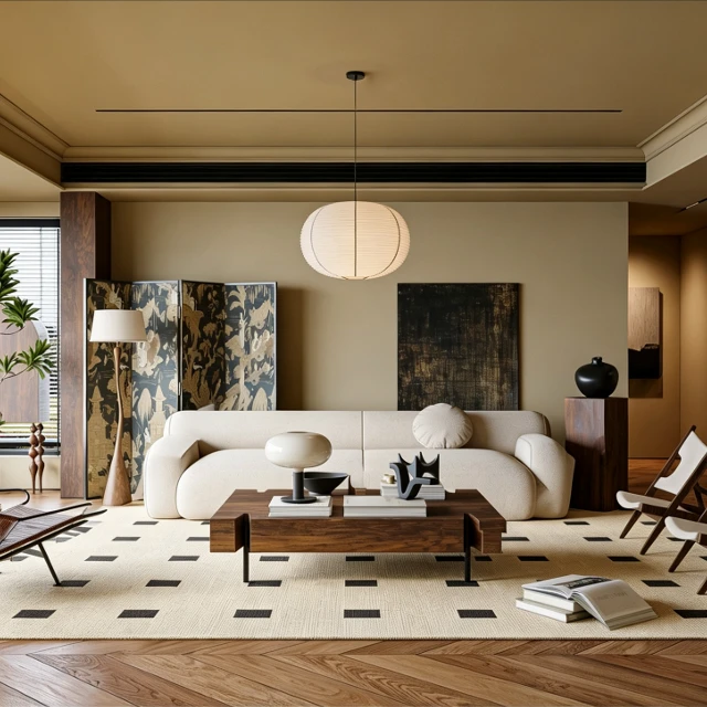 Modern Wabi-Sabi Japandi Living Room Interior Scene 3d model