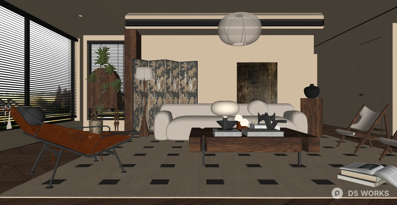 Modern Wabi-Sabi Japandi Living Room Interior Scene 3d model thumbnail 2