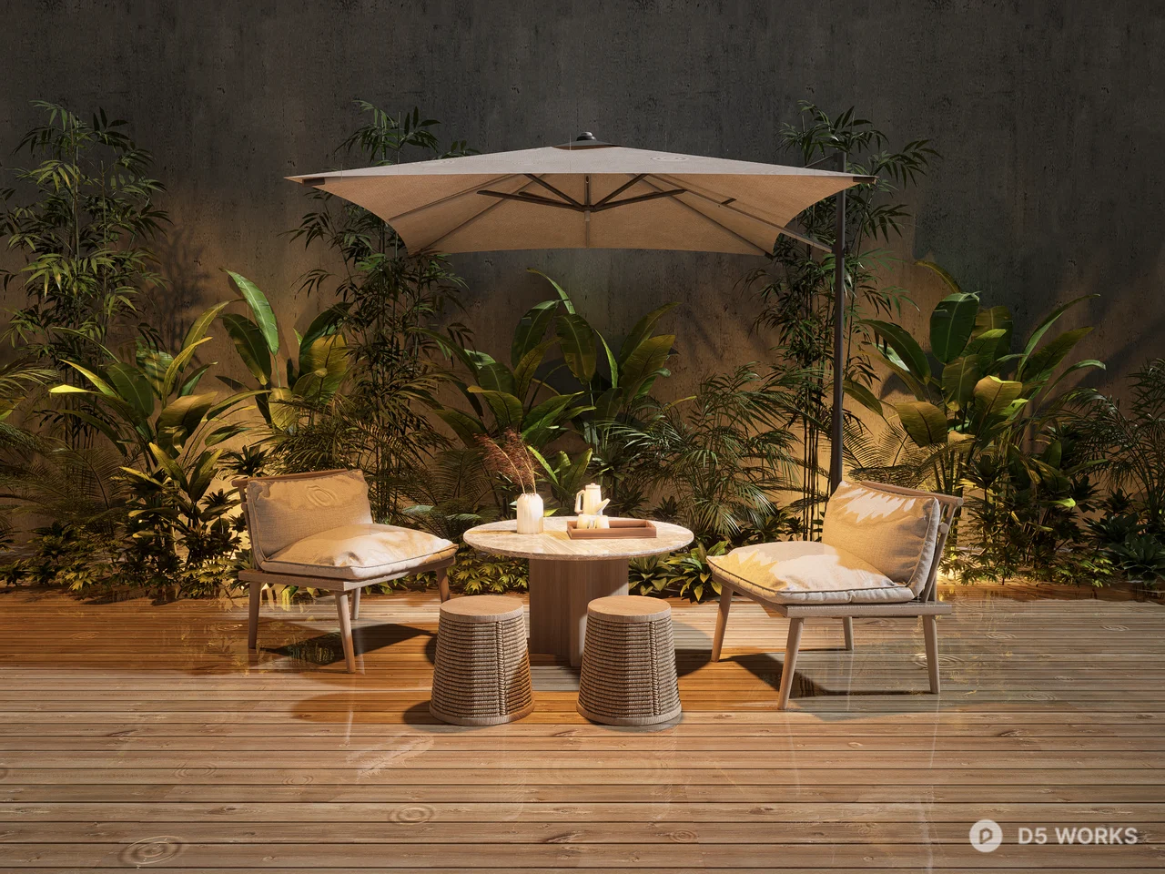 Modern Outdoor Patio Dining Set with Cantilever Umbrella 3d model - Image 1