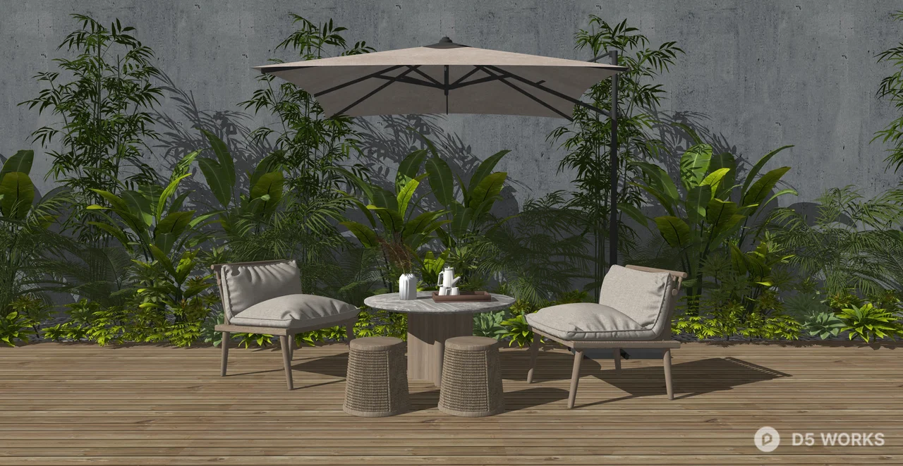 Modern Outdoor Patio Dining Set with Cantilever Umbrella 3d model thumbnail 2