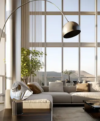 Modern Villa Living Room with Floor Lamp and Panoramic Window 3d model