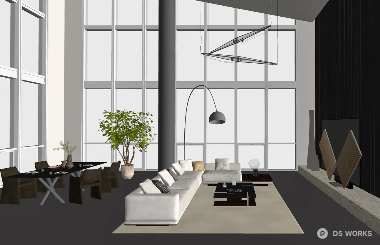 Modern Villa Living Room with Floor Lamp and Panoramic Window 3d model thumbnail 2