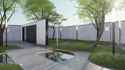 Modern Minimalist Villa Courtyard With Water Feature And Greenery 3d model