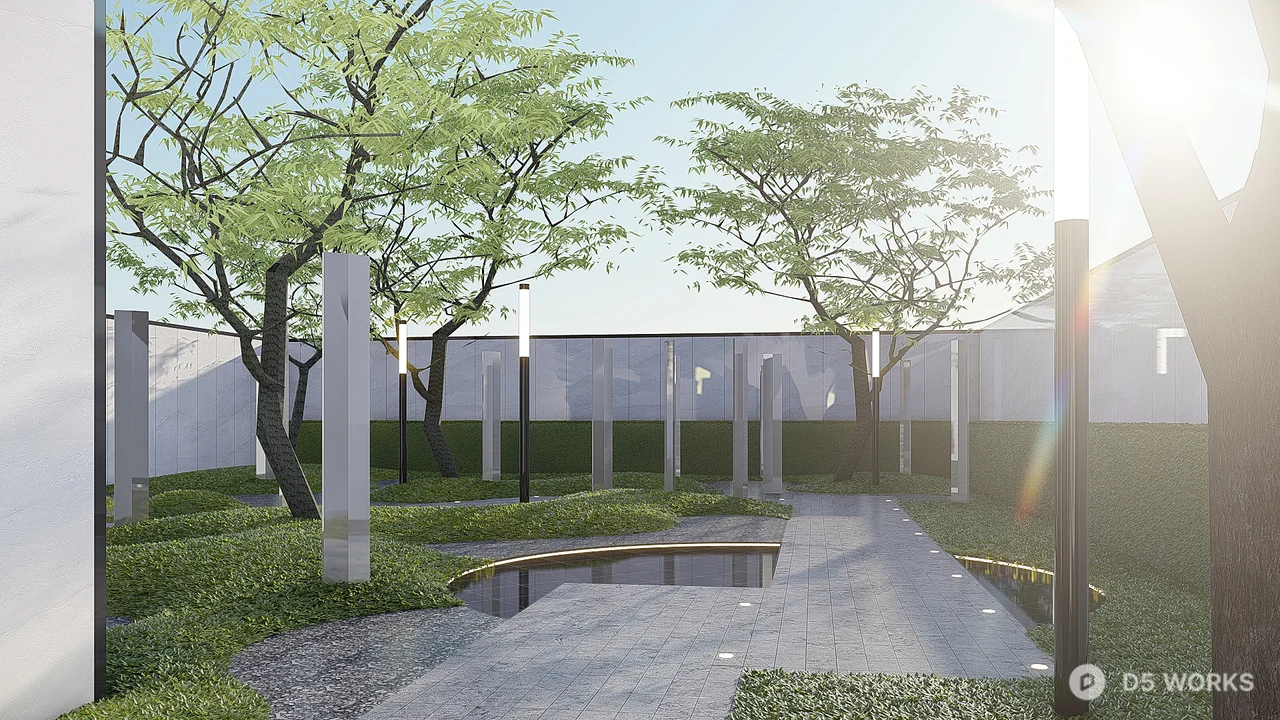 Modern Minimalist Villa Courtyard With Water Feature And Greenery 3d model thumbnail 3
