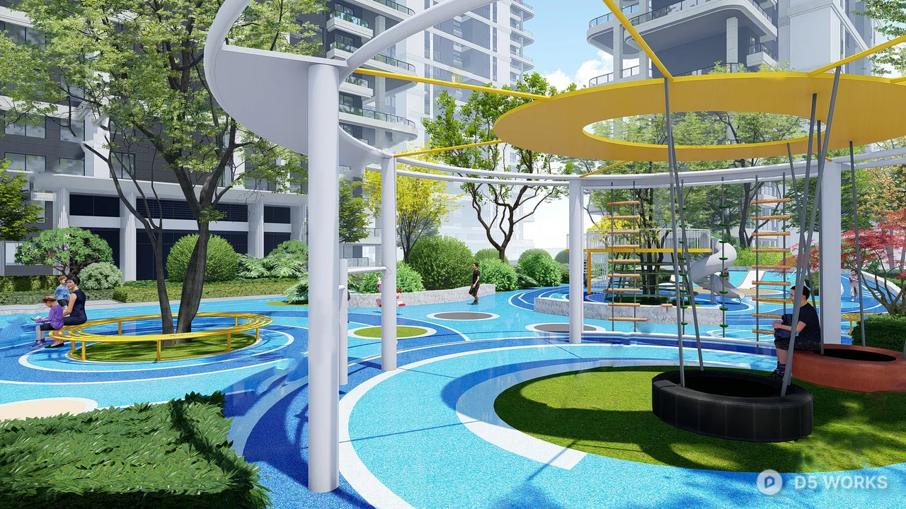 Modern Urban Park With Blue Water Features 3d model thumbnail 2
