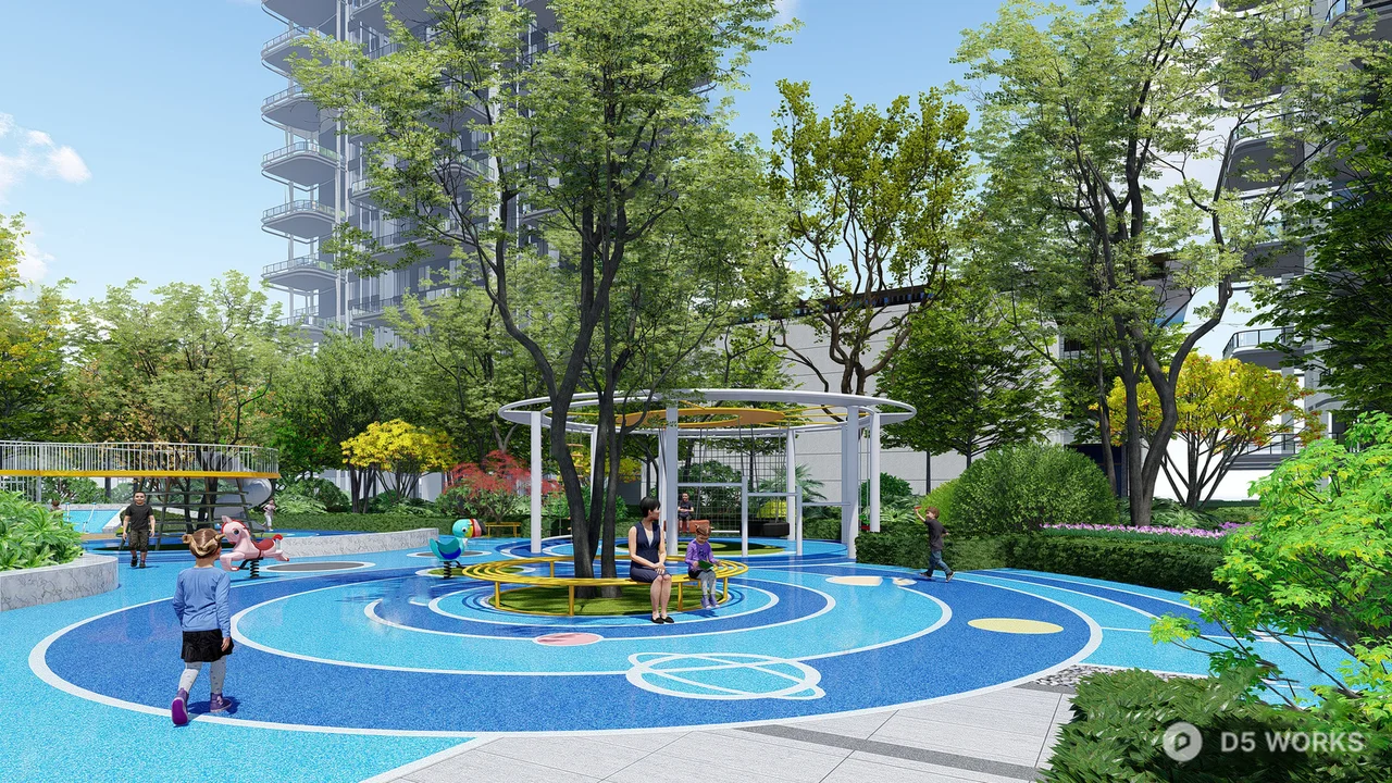 Modern Urban Park With Blue Water Features 3d model thumbnail 3