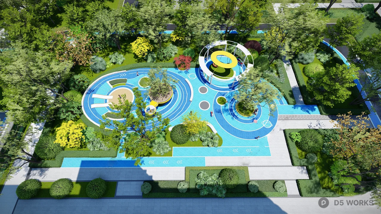 Modern Urban Park With Blue Water Features 3d model - Image 1