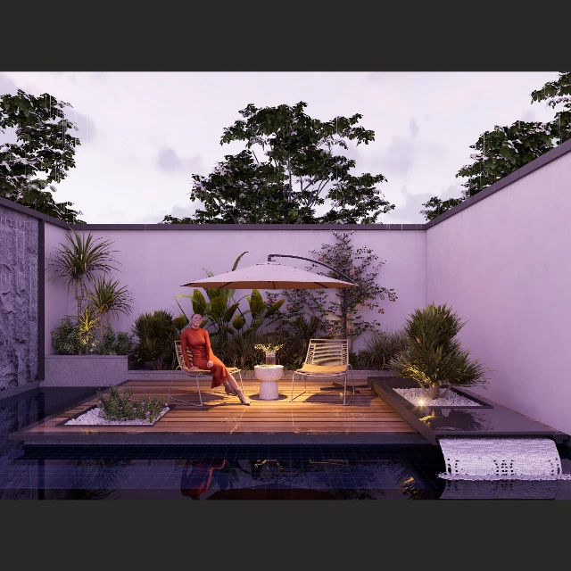 Modern Zen Courtyard with Water Feature 3d model