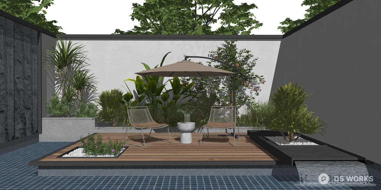 Modern Zen Courtyard with Water Feature 3d model thumbnail 2