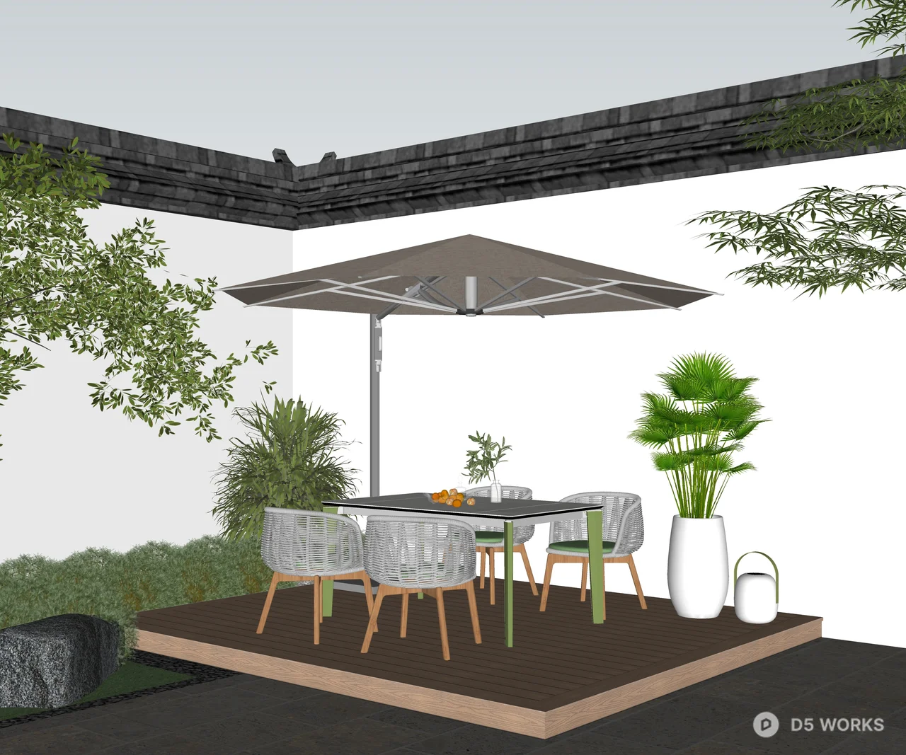 Minimalist Private Garden With Wooden Deck And Umbrella 3d model thumbnail 2