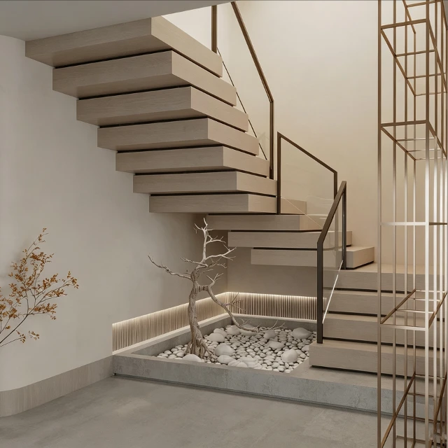 Modern Floating Wood Staircase with Zen Garden 3d model