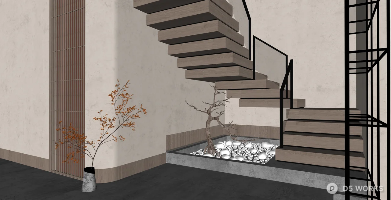 Modern Floating Wood Staircase with Zen Garden 3d model thumbnail 2