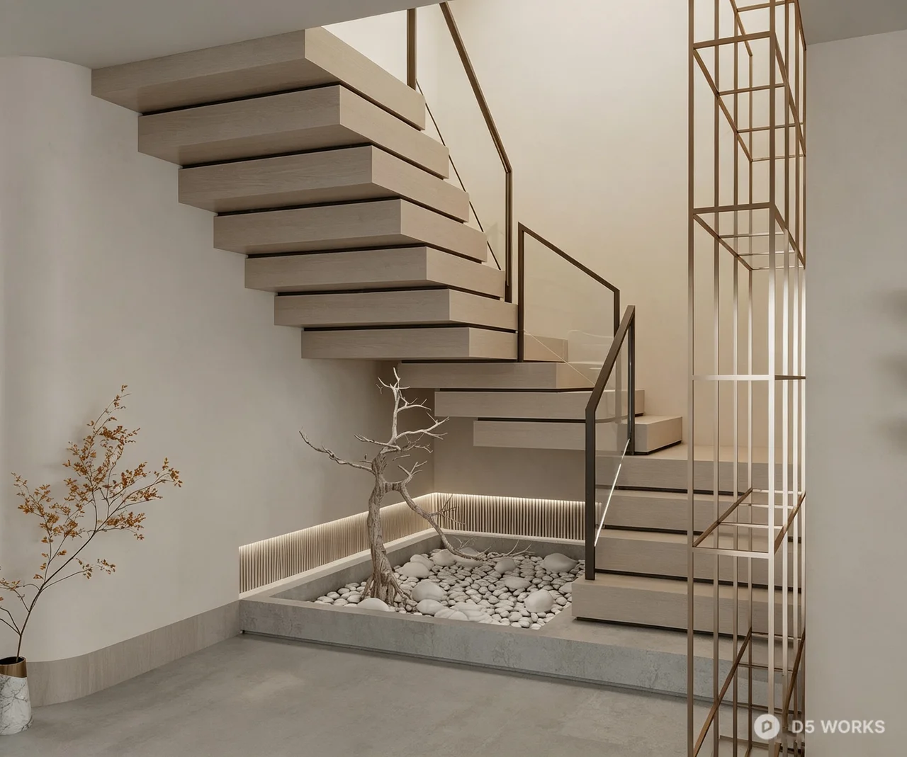 Modern Floating Wood Staircase with Zen Garden 3d model - Image 1