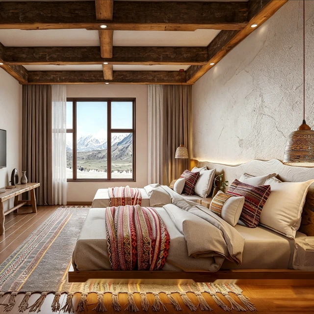 Rustic Mountain Lodge Bedroom Interior Scene 3d model
