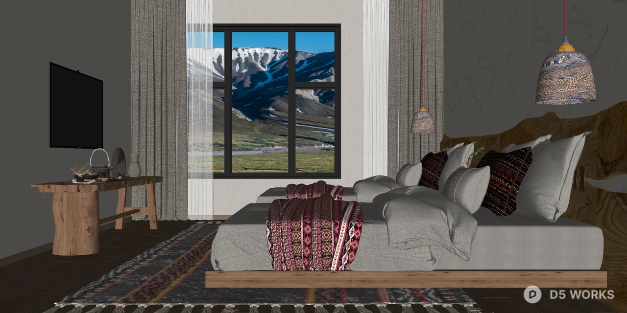 Rustic Mountain Lodge Bedroom Interior Scene 3d model thumbnail 2