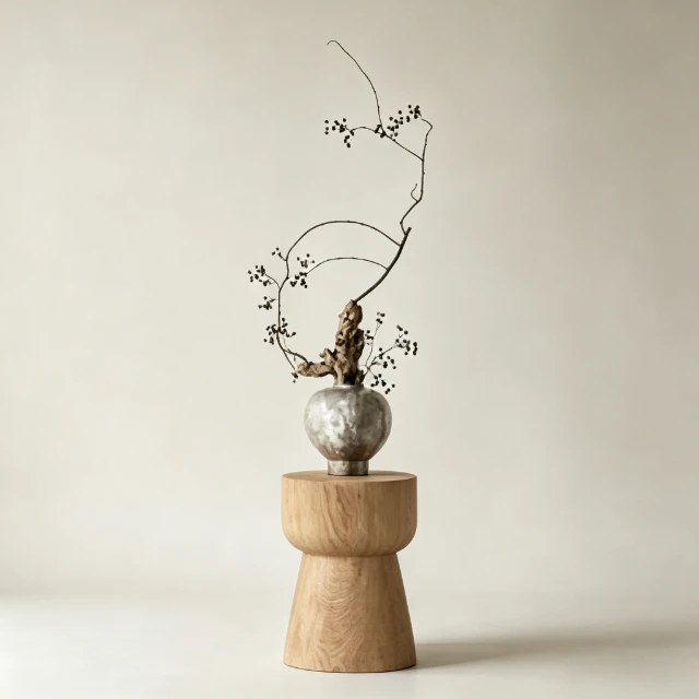 Wabi-Sabi Ikebana Arrangement on Wooden Pedestal 3d model