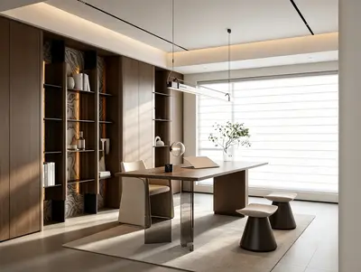 Modern Minimalist Home Office with Wood Shelving 3d model