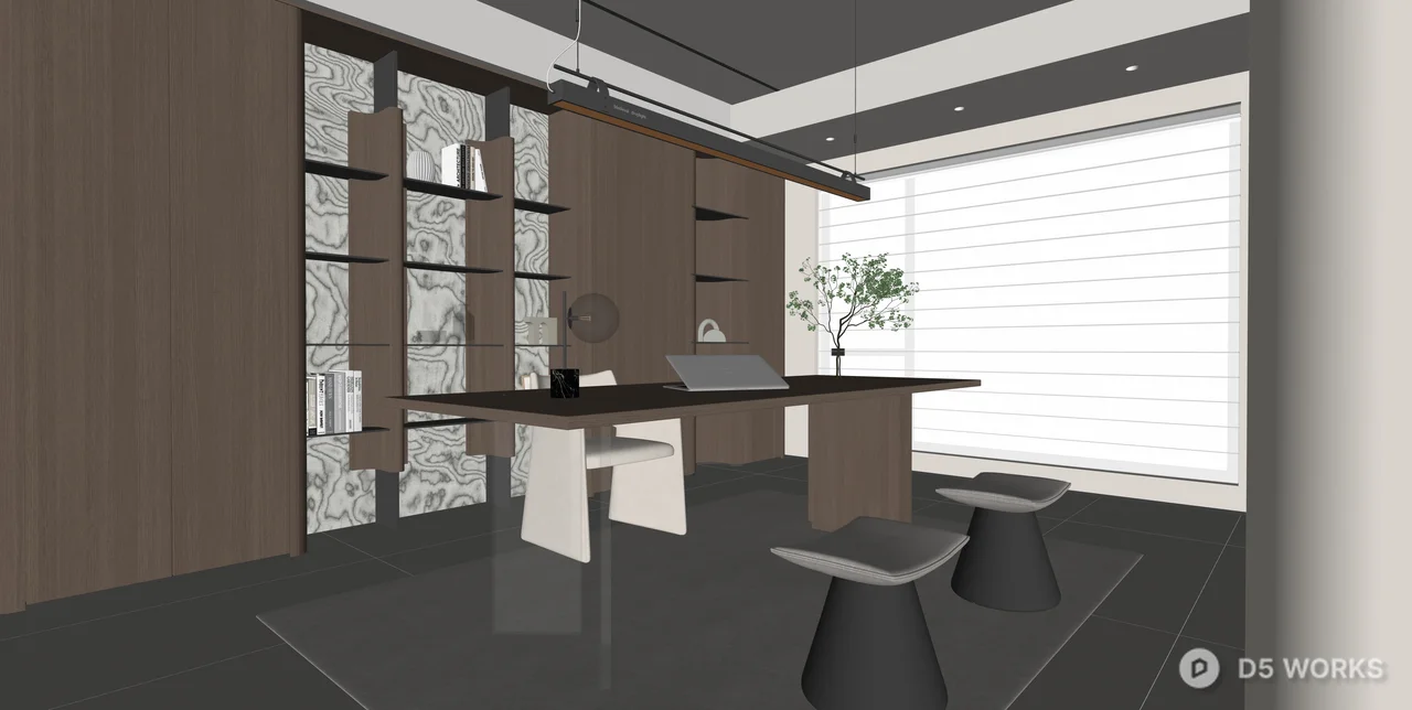 Modern Minimalist Home Office with Wood Shelving 3d model thumbnail 2