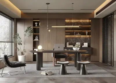 Modern Minimalist Home Office With Warm Lighting 3d model