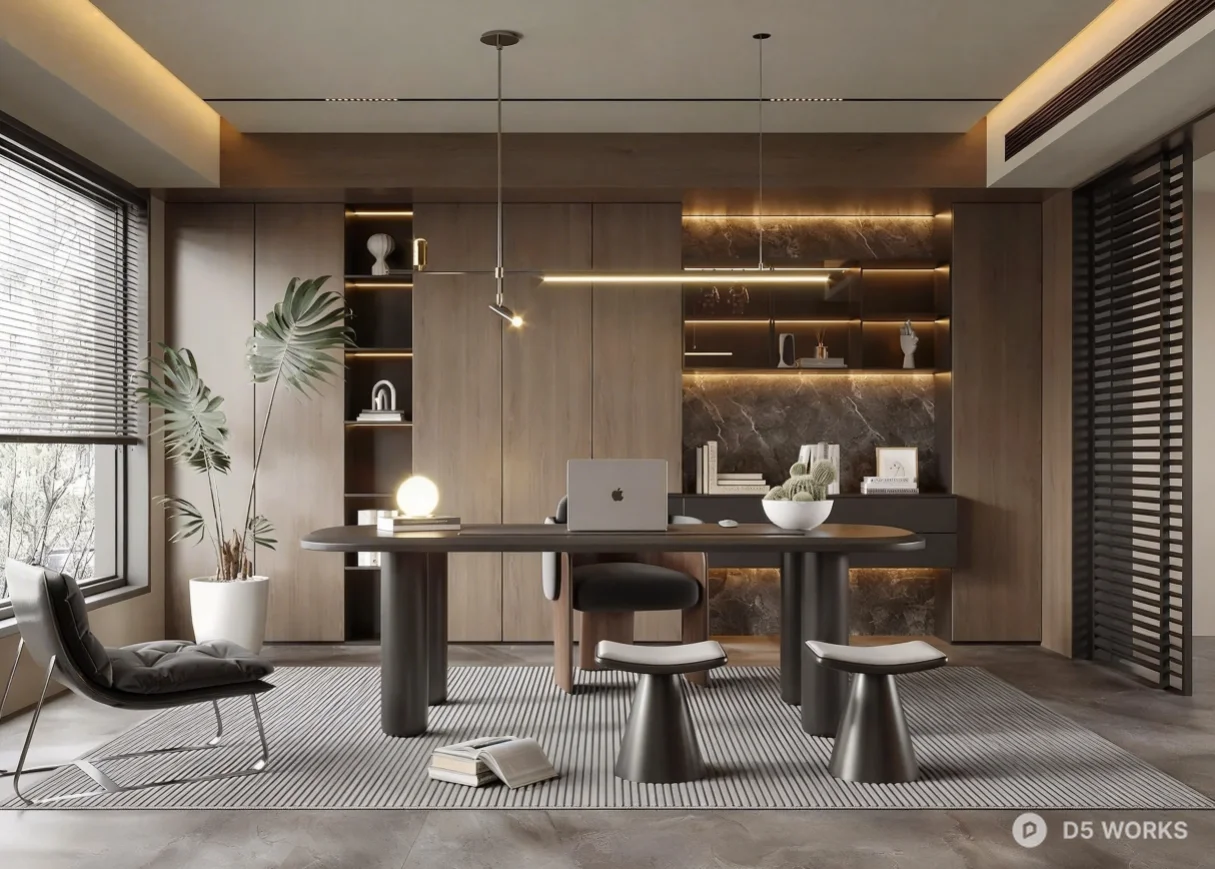 Modern Minimalist Home Office With Warm Lighting 3d model - Image 1