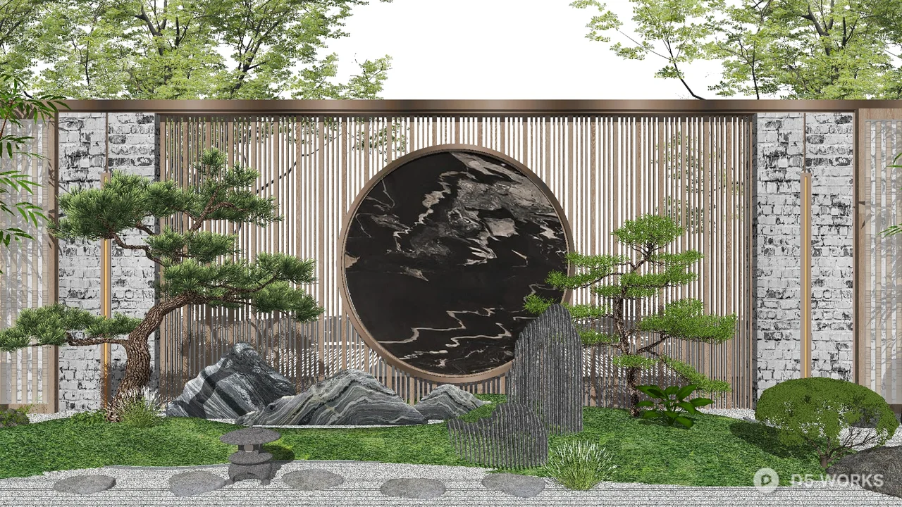 Zen Garden Wall with Circular Moon Gate 3d model thumbnail 2