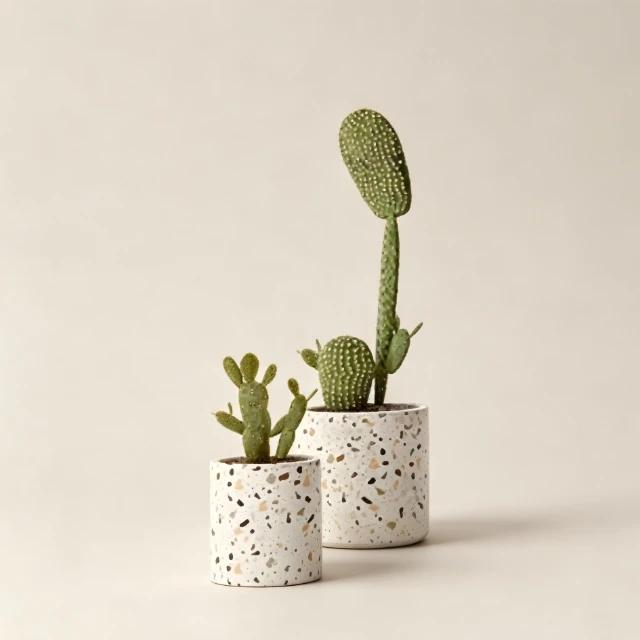Potted Bunny Ear Cactus in Terrazzo Planters 3d model