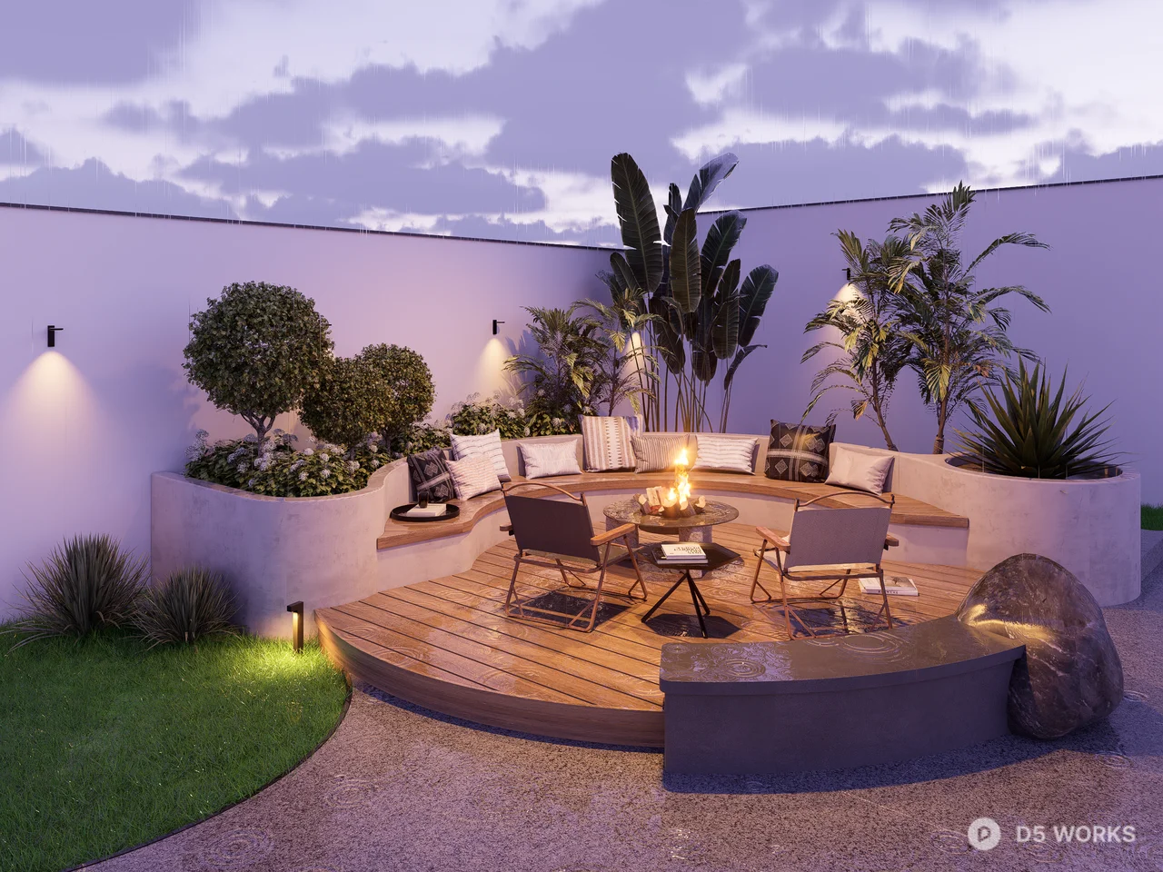 Modern Minimalist Courtyard Garden with Fire Pit 3d model - Image 1