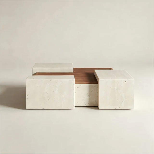 Minimalist Travertine and Walnut Block Coffee Table 3d model