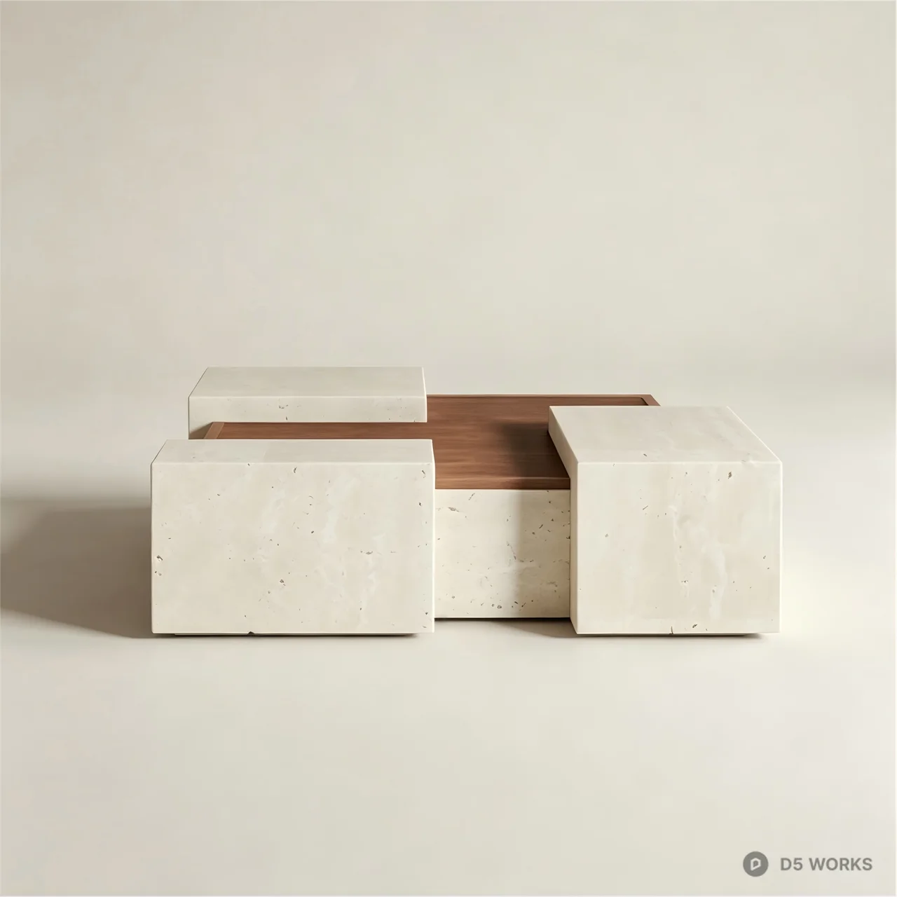 Minimalist Travertine and Walnut Block Coffee Table 3d model - Image 1