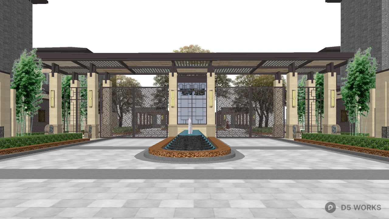 Modern Villa Courtyard With Green Hedges And Perforated Screen Wall 3d model thumbnail 2