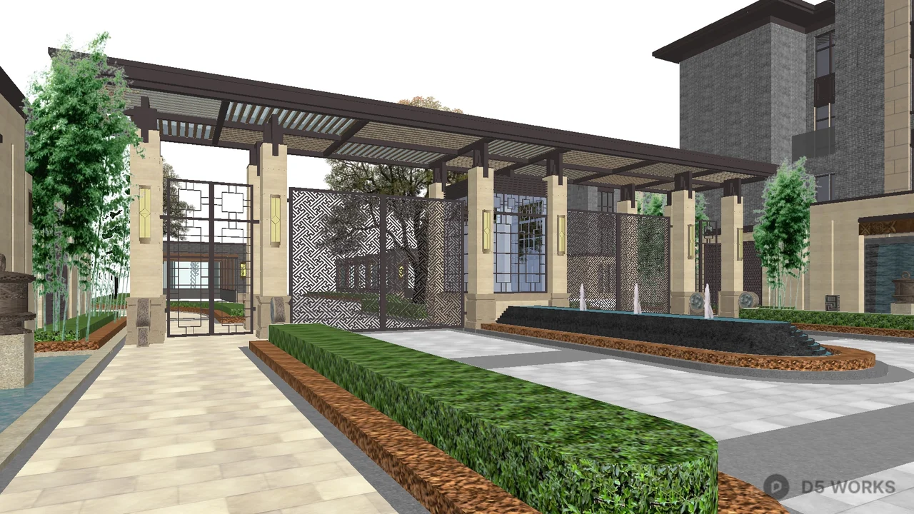 Modern Villa Courtyard With Green Hedges And Perforated Screen Wall 3d model - Image 1