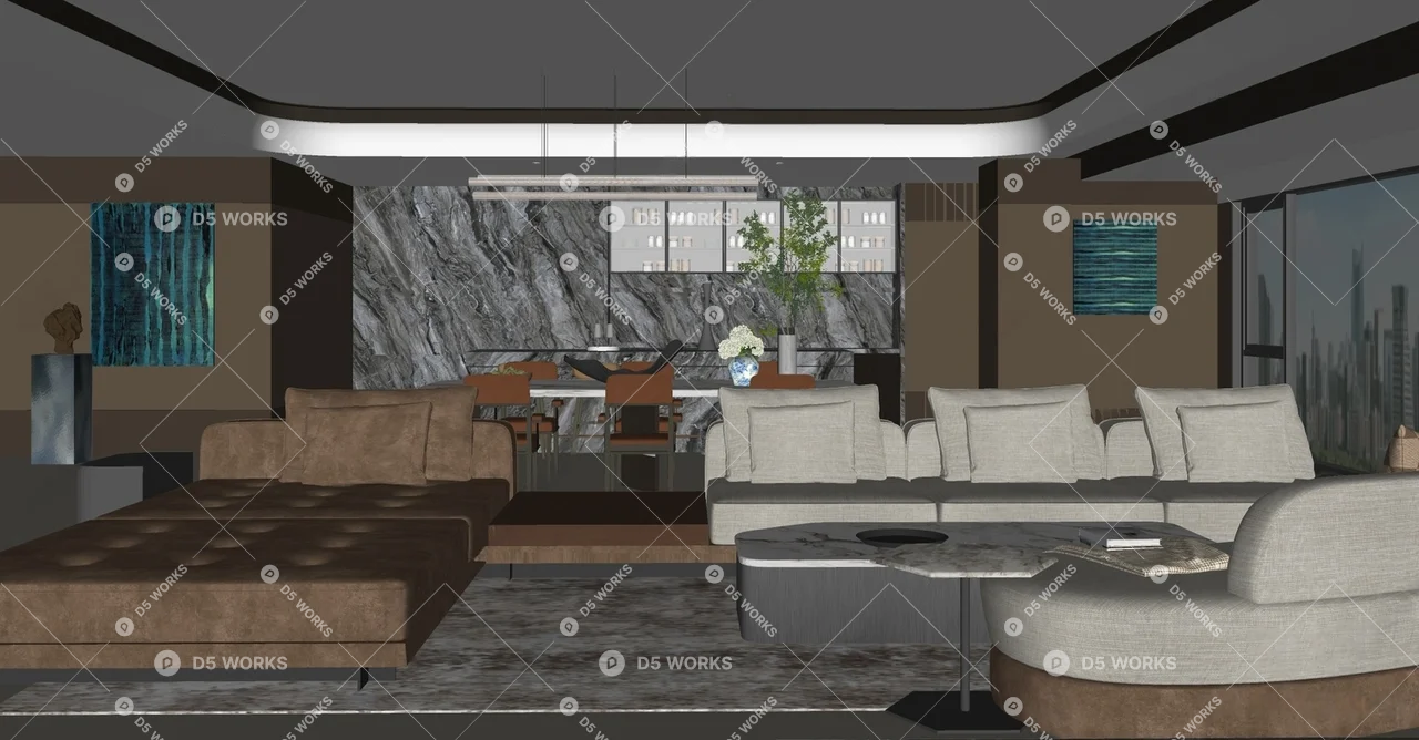 Modern Living & Dining Room 3d model thumbnail 2