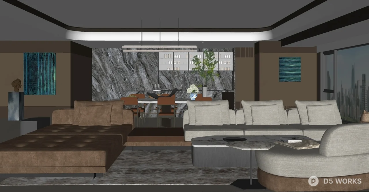 Modern Living Dining Space with Minimalist Sofa Set 3d model thumbnail 2