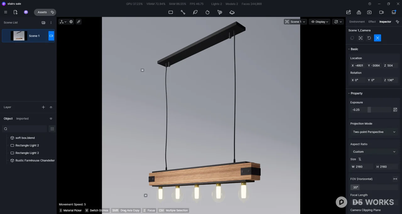 Wooden Beam Industrial Pendant Light 3d model thumbnail 2