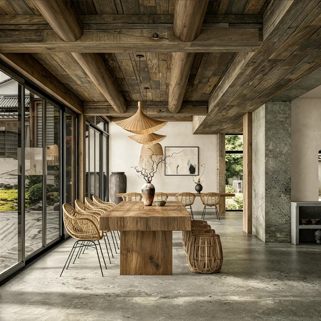 Rustic Wabi-Sabi Dining Room Interior Scene 3d model
