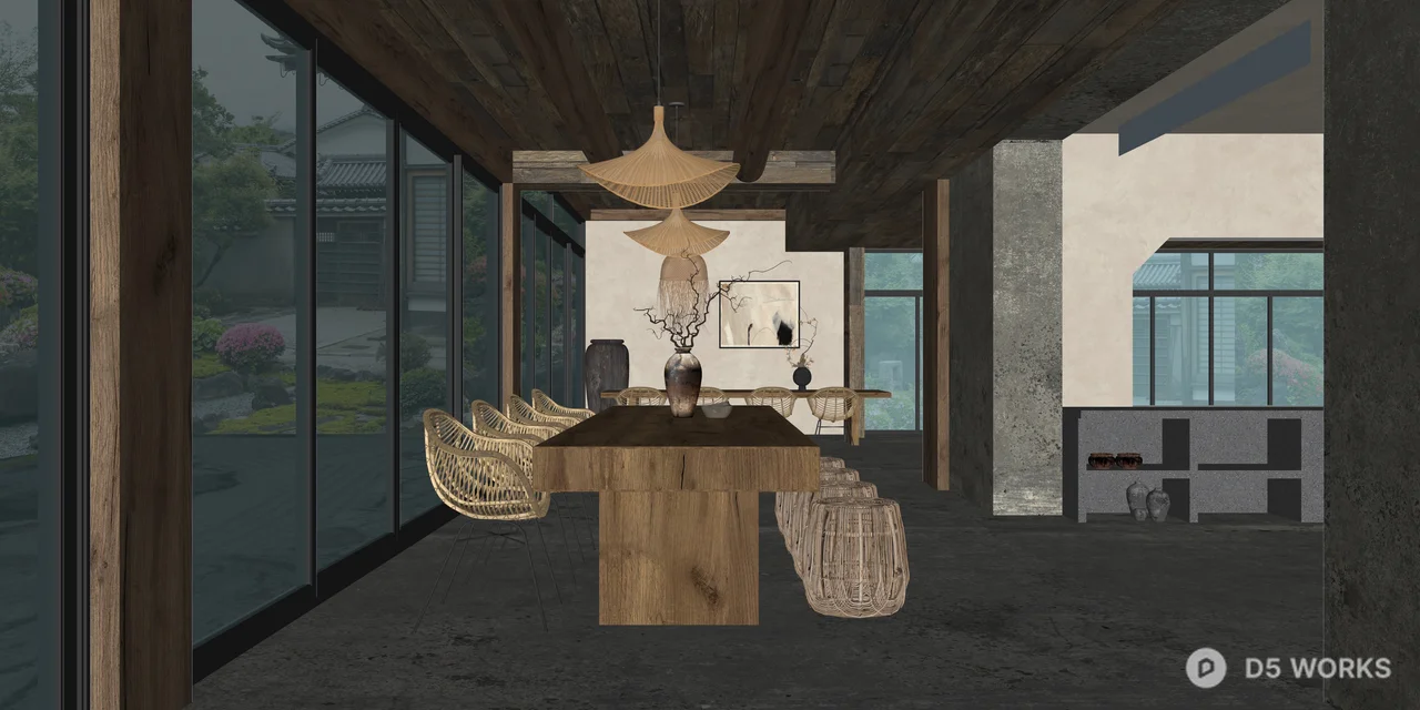 Rustic Wabi-Sabi Dining Room Interior Scene 3d model thumbnail 2