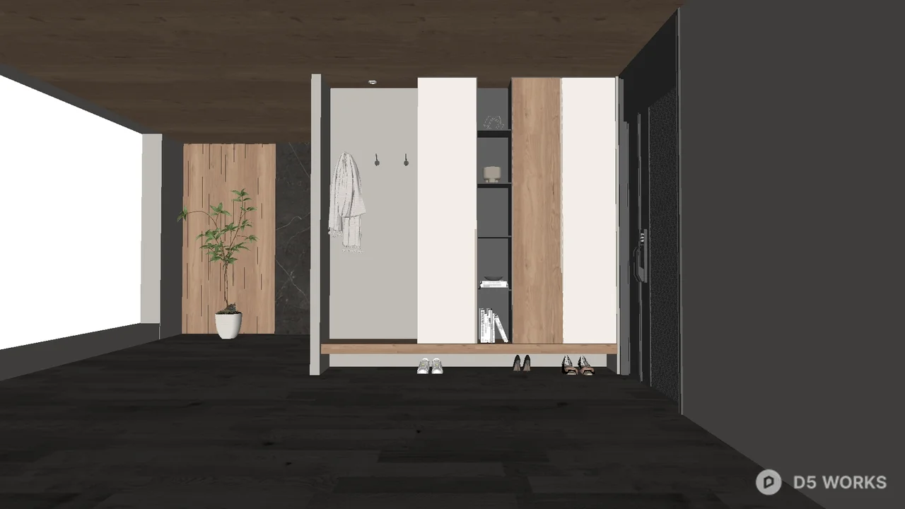 Minimalist Wooden Entryway Space With Shoe Bench And Plant 3d model - Image 1