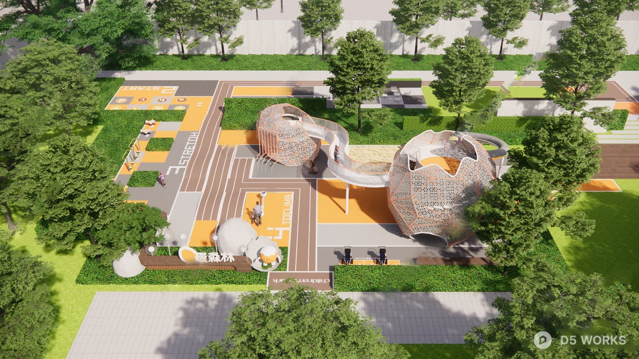 Modern Urban Park With Sculptural Play Structures 3d model thumbnail 3