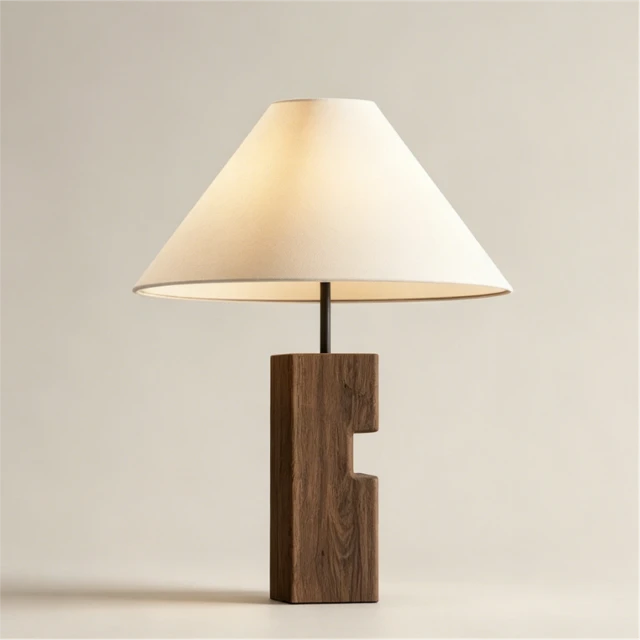 Rustic Carved Wood Table Lamp with Linen Shade 3d model