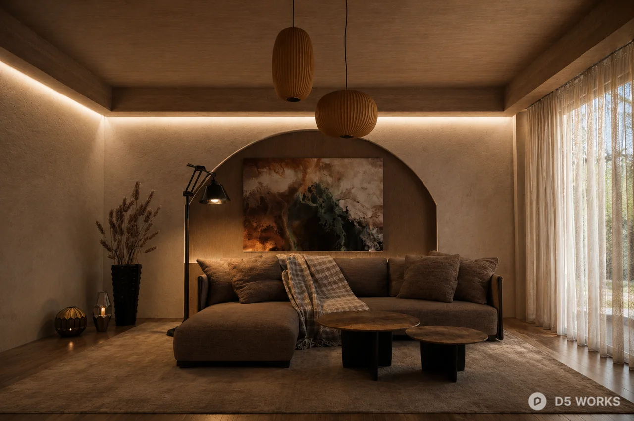 Wabi-Sabi Zen Living Room Interior Scene 3d model - Image 1
