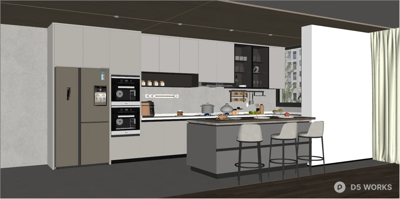 Free Modern Open Kitchen With Island And Bar Stools 3D Model .skp