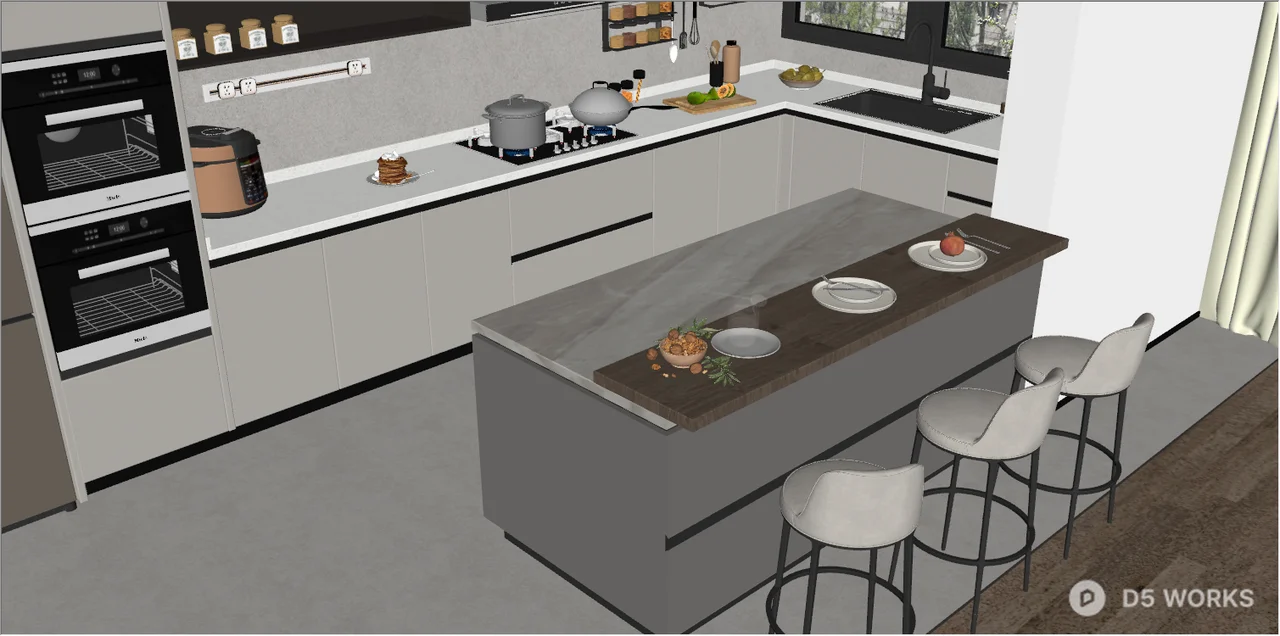 Free Modern Open Kitchen With Island And Bar Stools 3D Model .skp