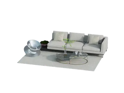 Minimalist Fabric Three Seater Sofa With Glass Coffee Table 3d model