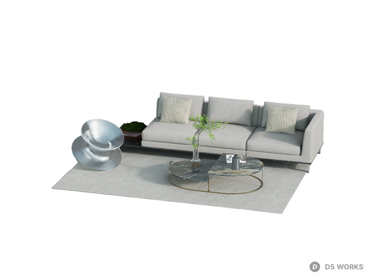 Minimalist Fabric Three Seater Sofa With Glass Coffee Table 3d model - Image 1