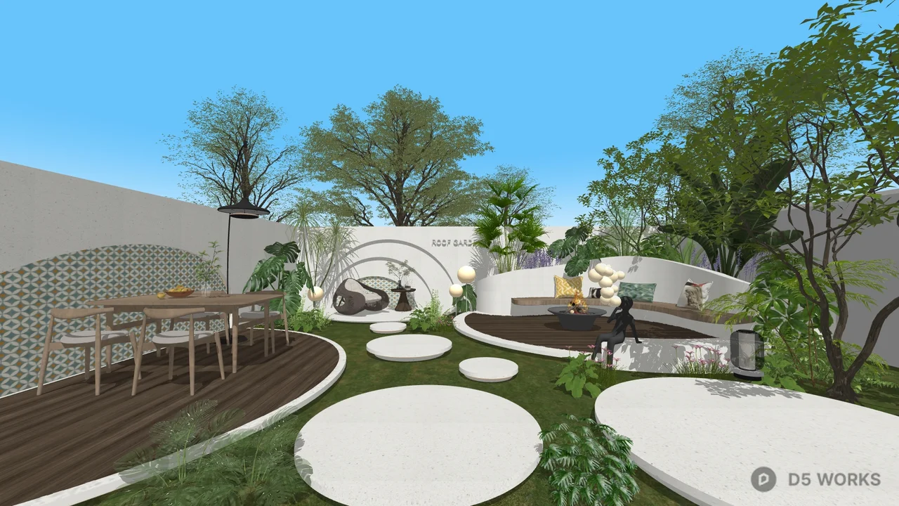 Modern Rooftop Garden With Circular Pathways 3d model - Image 1