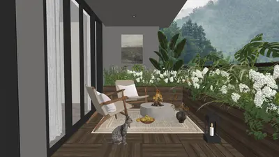 Minimalist Home Balcony with Fire Pit and Greenery 3d model